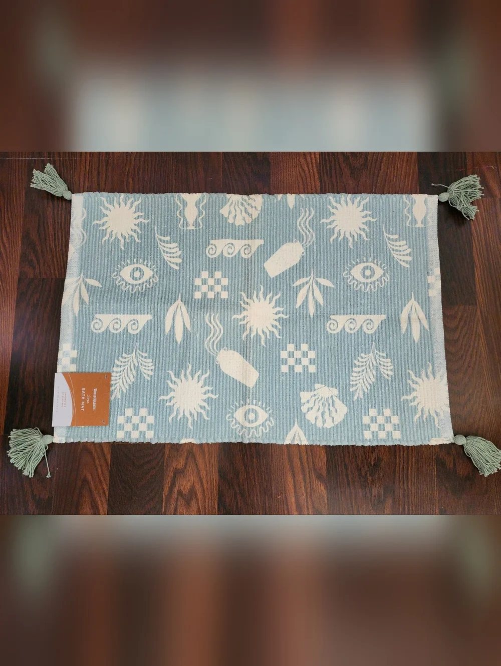 Bath Rug Mat Hand Woven With Tassels 20x30 New With Tags Aqua Ivory